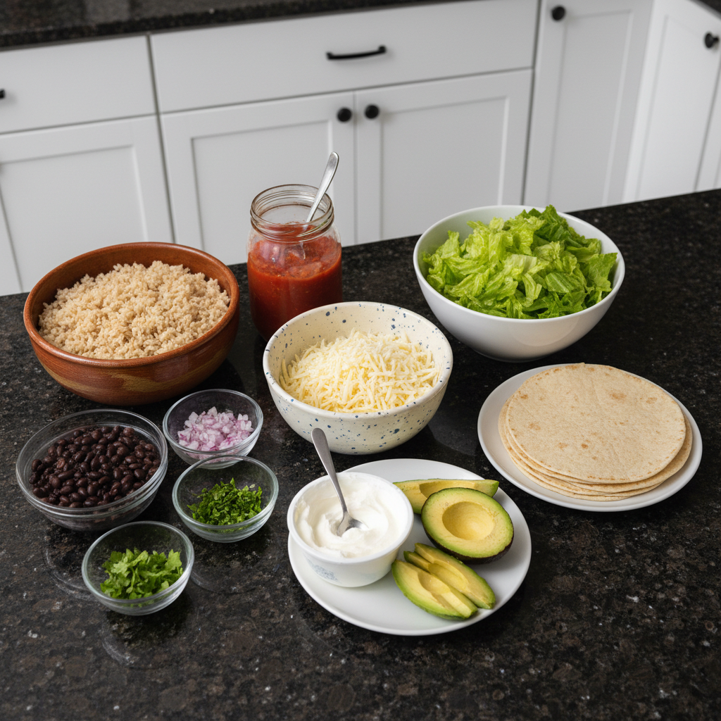 Fresh ingredients for homemade bean and rice burrito recipe.