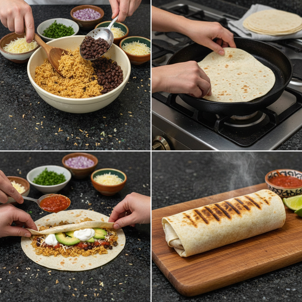 Step-by-step: Preparing the bean and rice burrito.