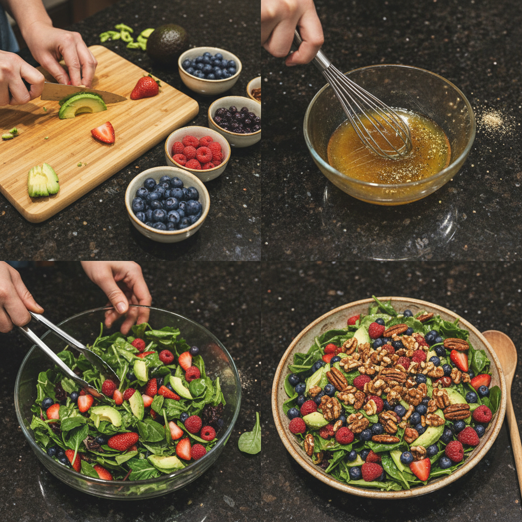 Preparing the homemade dressing for the berry salad.