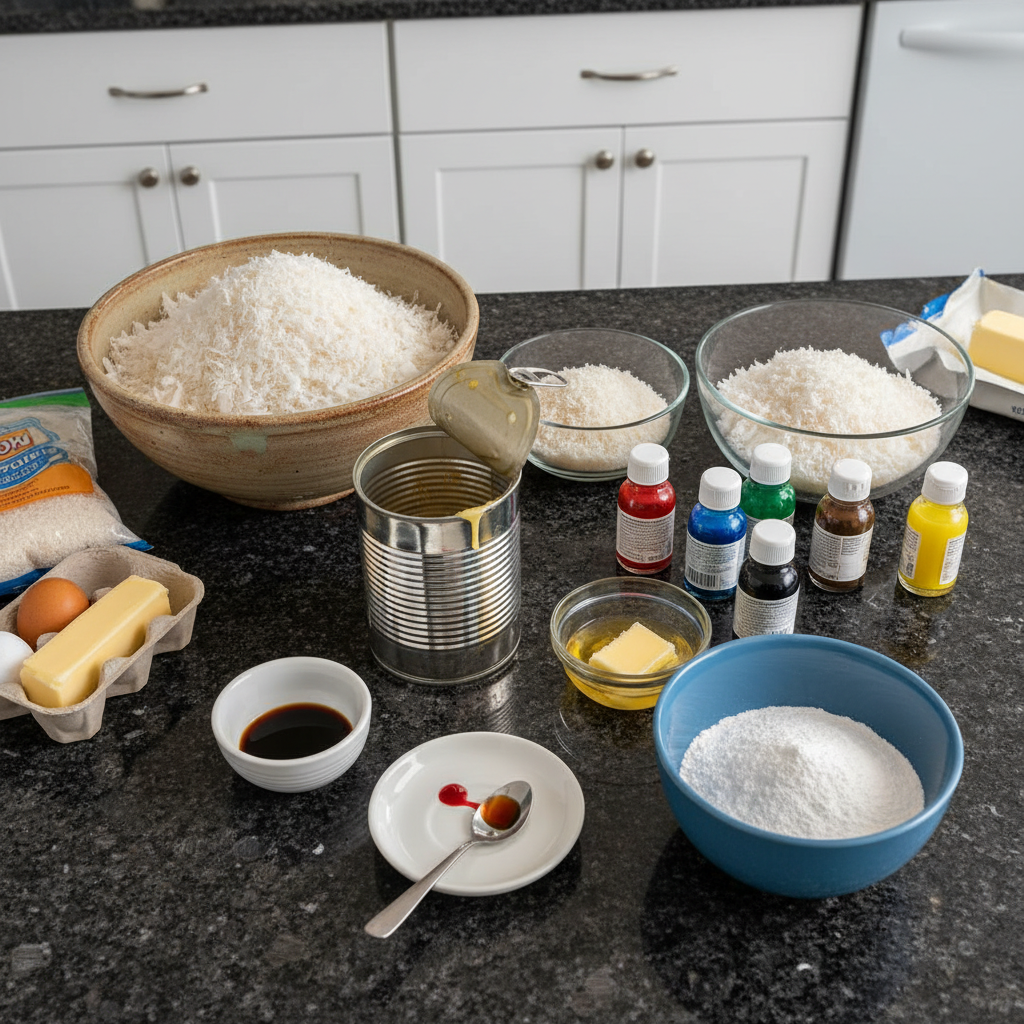 All the ingredients for making bunny coconut tails no bake treats