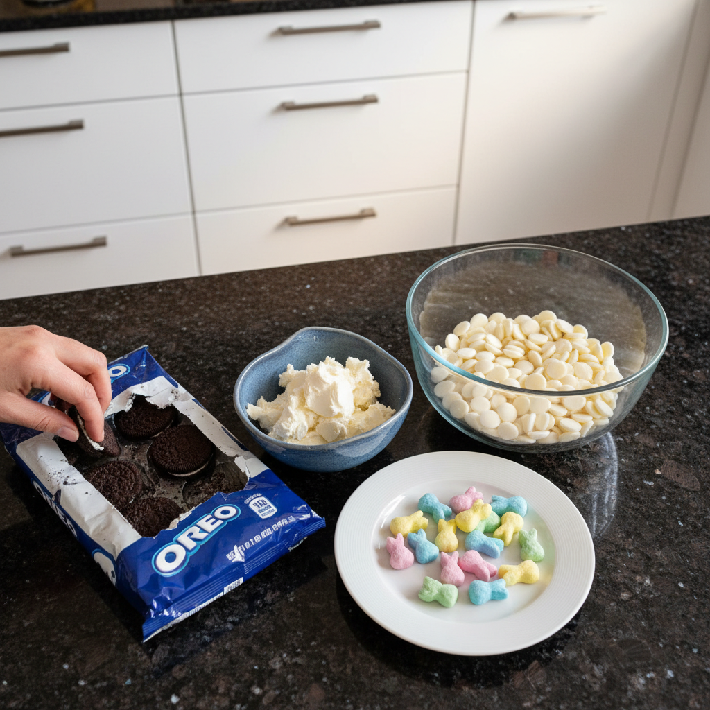 Bunny oreo balls no bake ingredients prepped on counter.