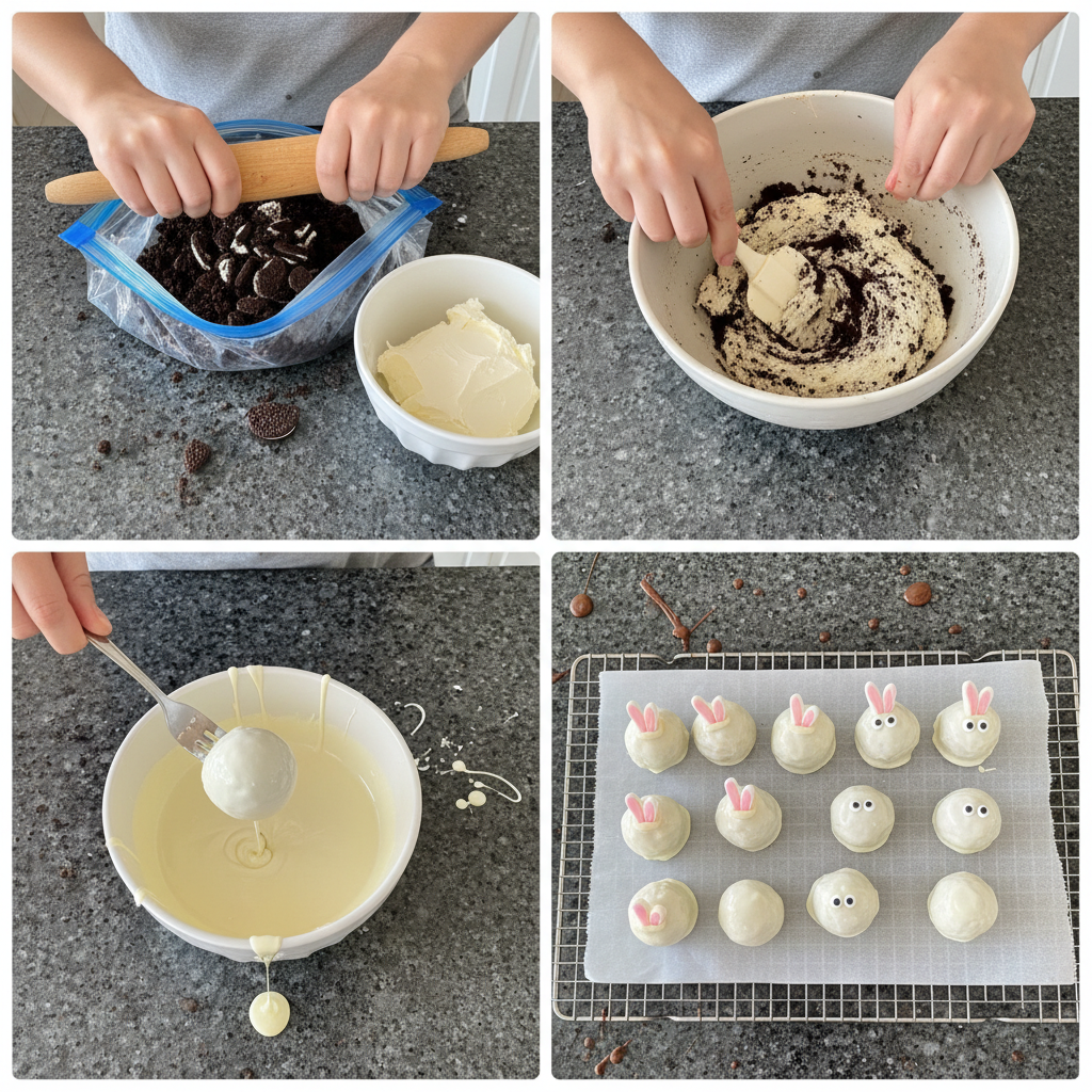 Step-by-step instructions for bunny oreo balls no bake recipe.