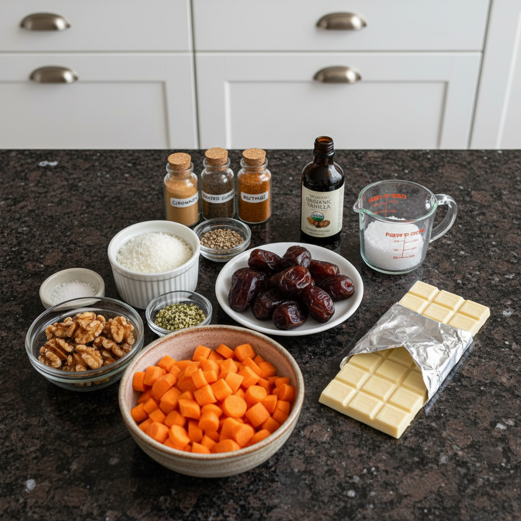 Ingredients for no bake carrot cake truffles including spices and nuts.