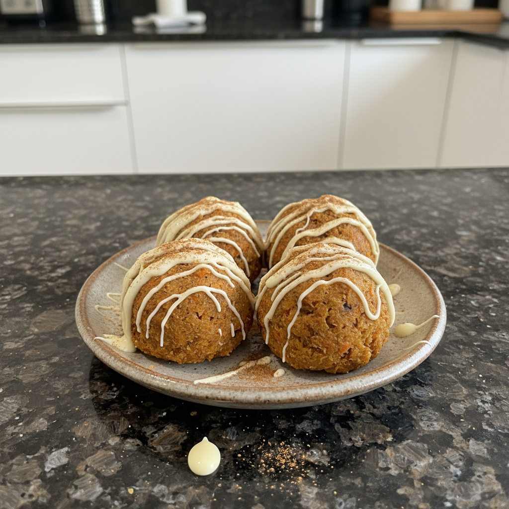 Delicious no bake carrot cake truffles with cream cheese frosting drizzle.