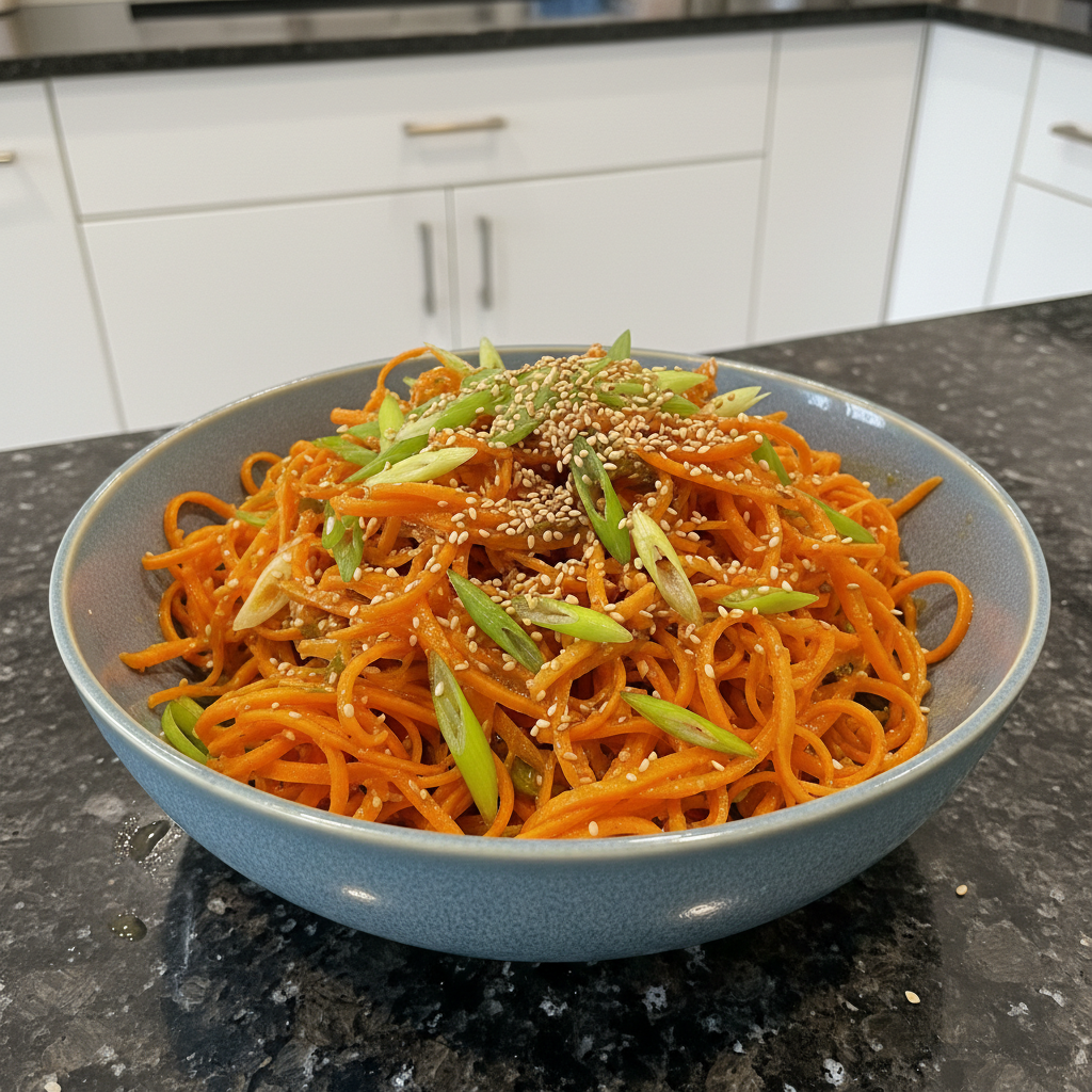 Bright and colorful Carrot Salad served in a white bowl.