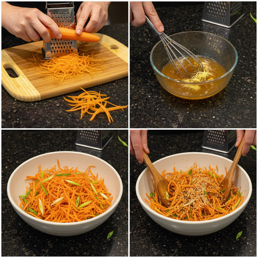 Close-up of grating carrots to prepare carrot salad.