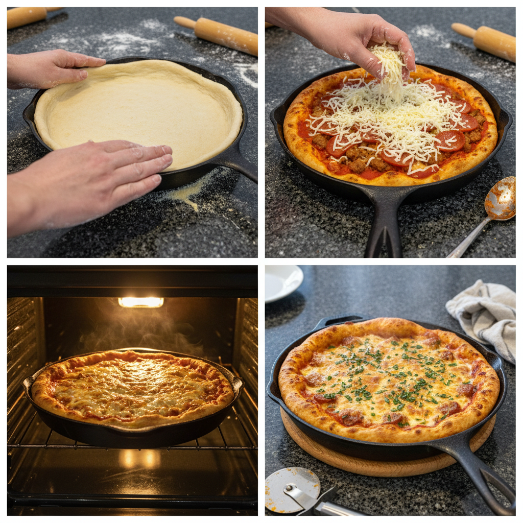Preparing hot sausage pizza dough in a cast iron skillet.