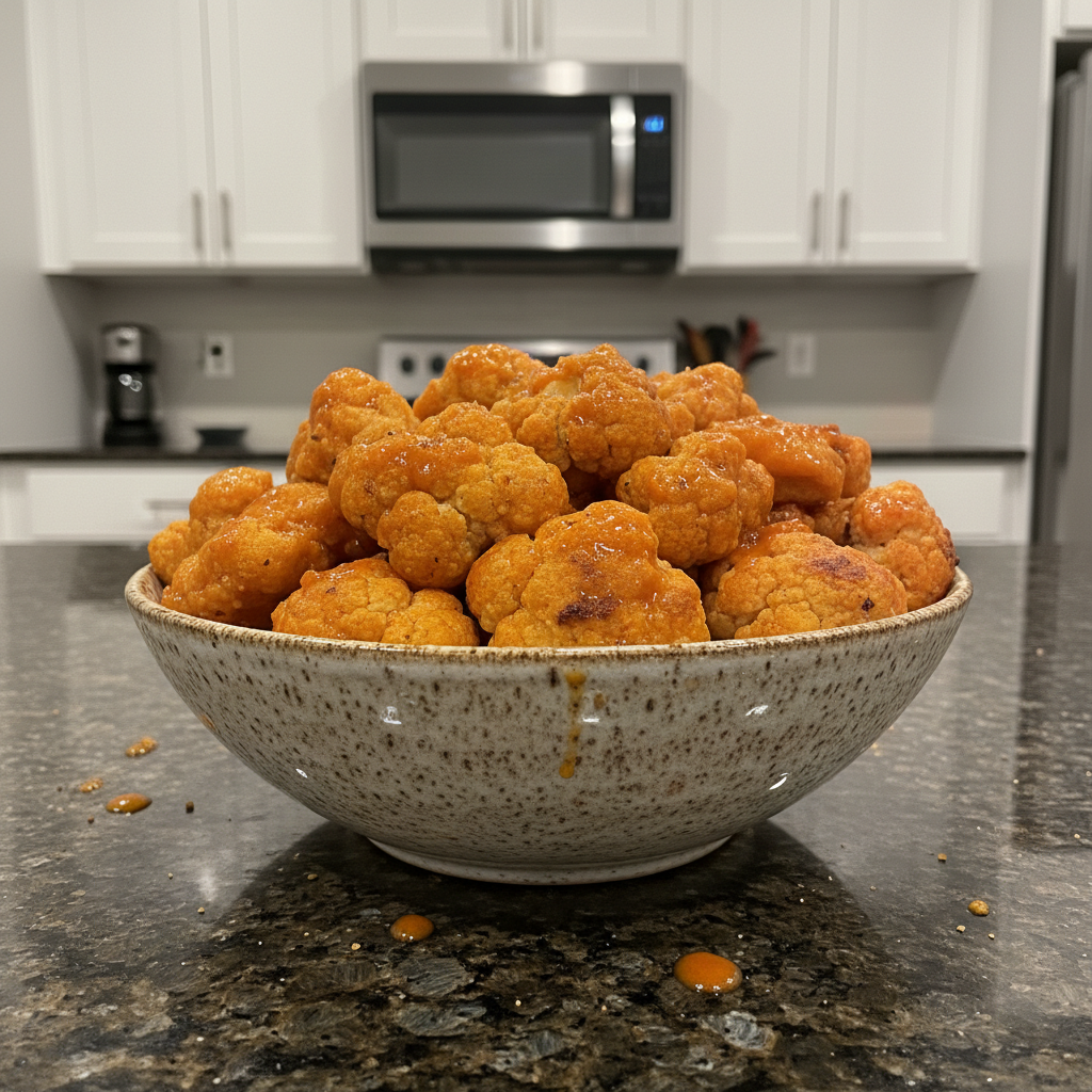 Crispy cauliflower buffalo wings coated in bright red sauce, ready to eat.