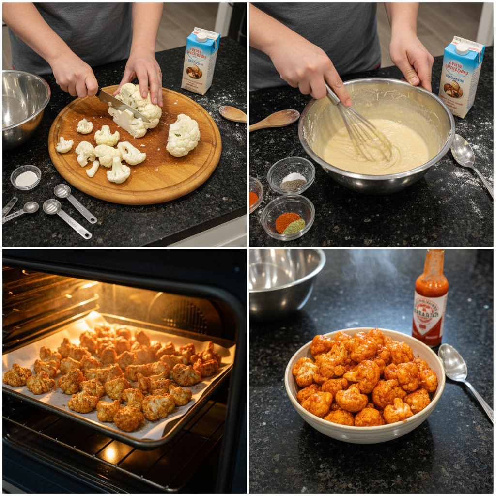 Step-by-step preparation of cauliflower buffalo wings: coating cauliflower in batter.