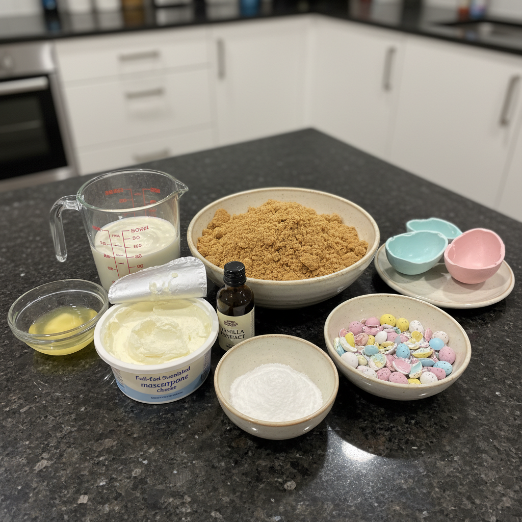 All the ingredients needed for cheesecake in chocolate eggs recipe, laid out on a counter.
