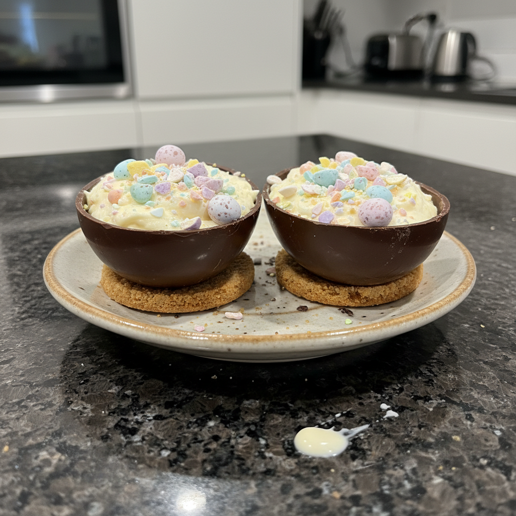 Delicious cheesecake in chocolate eggs, a delightful dessert for Easter or any celebration.