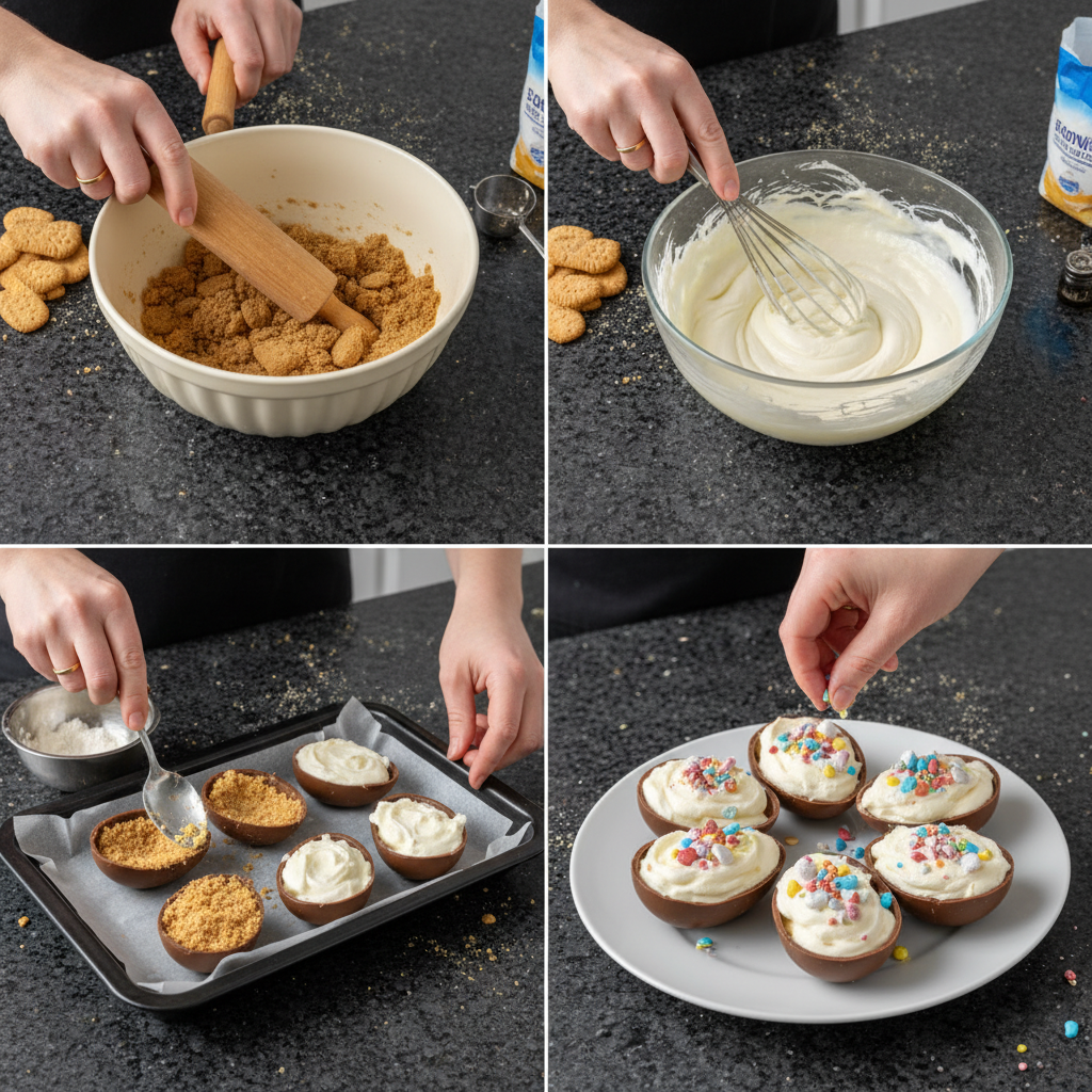 Step-by-step preparation of cheesecake in chocolate eggs recipe, filling each egg carefully.
