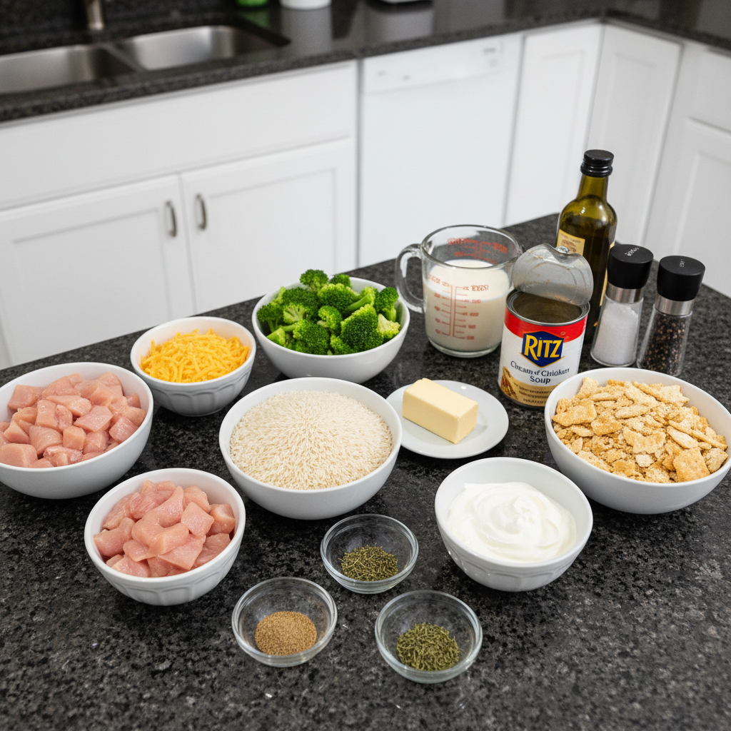 All ingredients for Chicken Broccoli Casserole, including chicken, broccoli, cheese, and sauce.