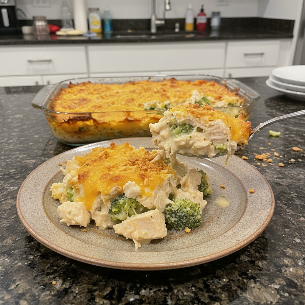 Golden brown Chicken and Broccoli Casserole, bubbling hot and fresh from the oven.