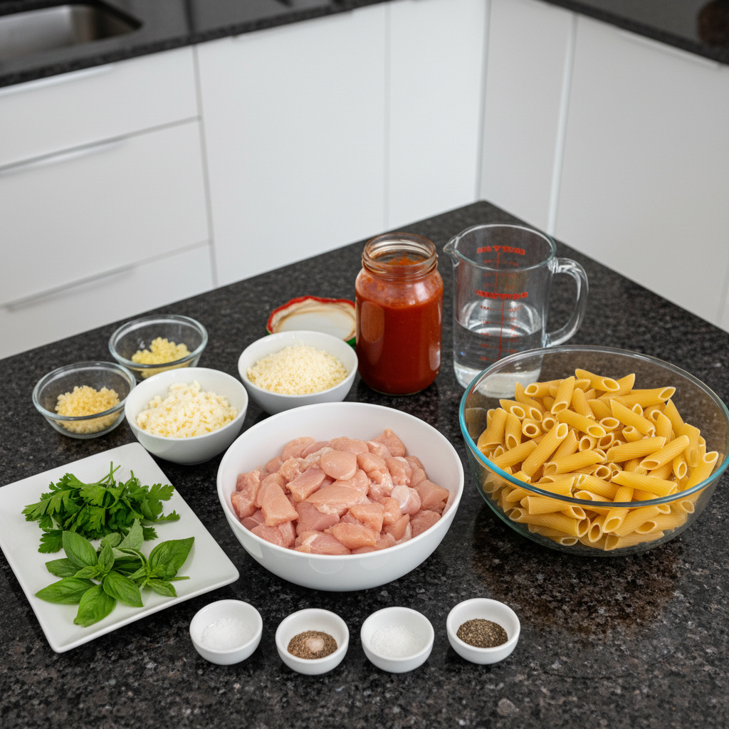 Ingredients for making Chicken Parm Pasta arranged on a wooden surface.