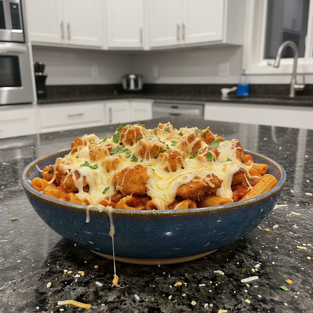 Delicious Chicken Parm Pasta plated and ready to serve.