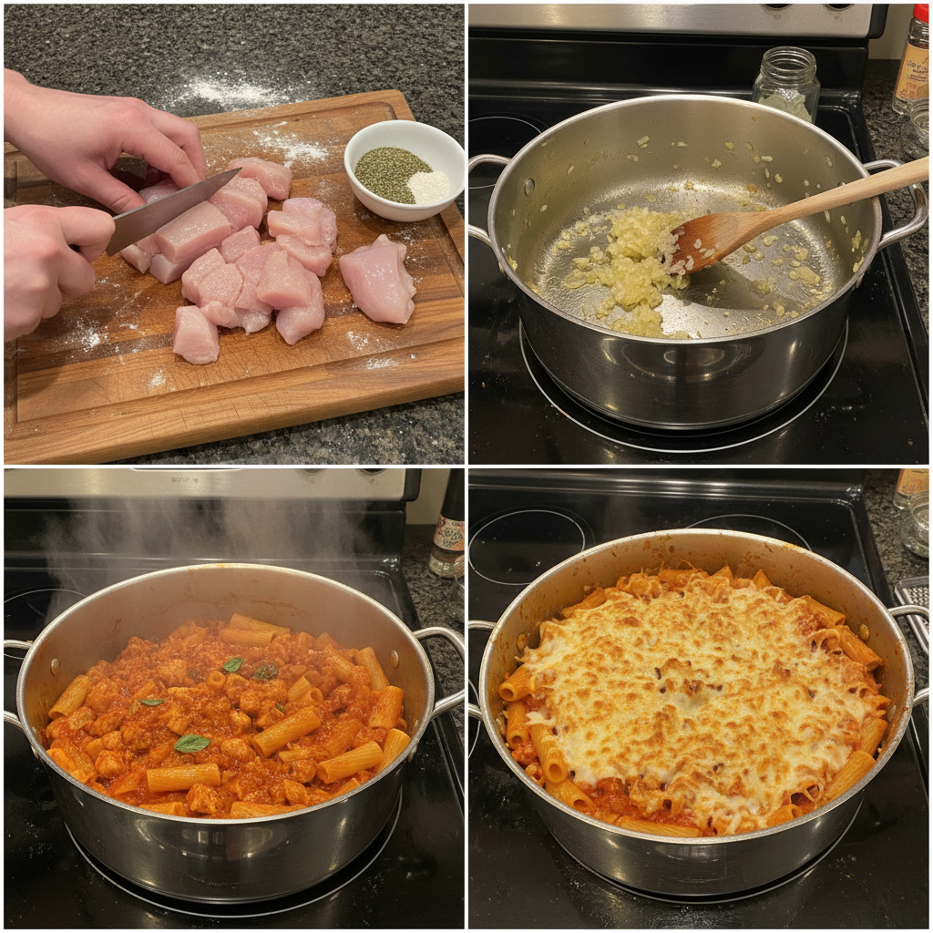 Step-by-step preparation of Chicken Parm Pasta in a kitchen setting.