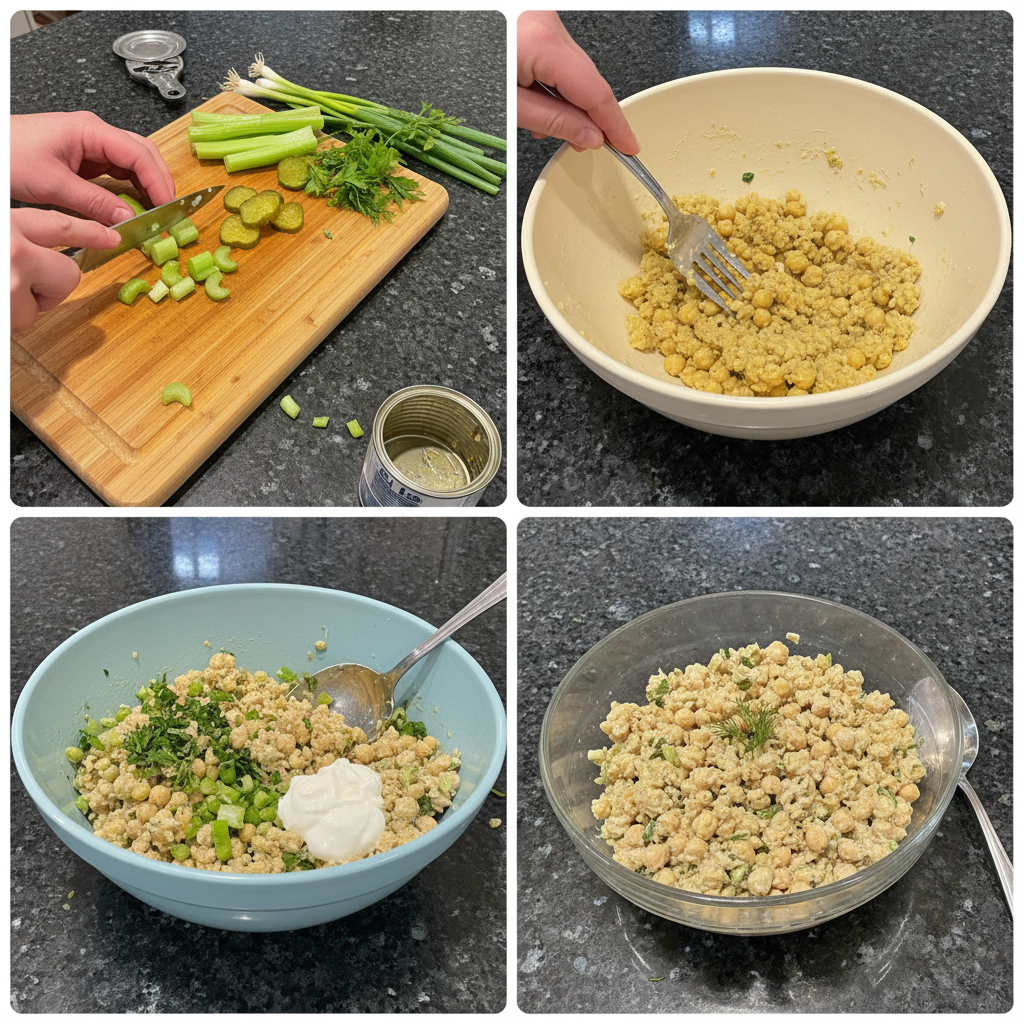 Mashing chickpeas with a fork to prepare the chickpea salad.