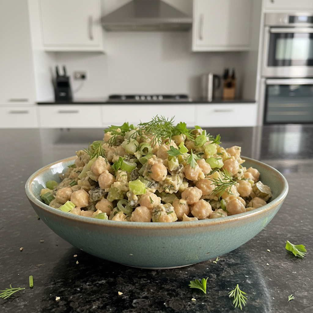 Fresh chickpea salad with celery, red onion, and herbs on toasted bread.