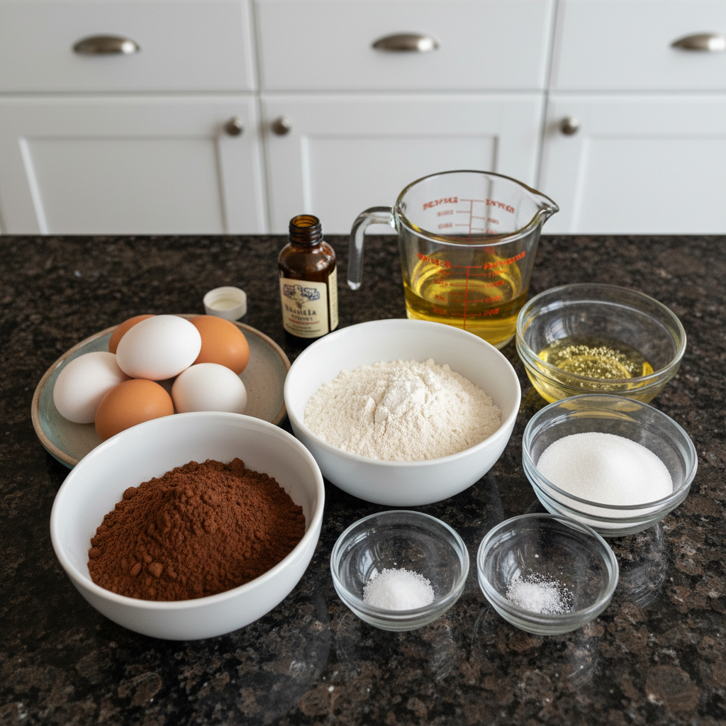 All the ingredients needed to make delicious chocolate crinkle cookies.