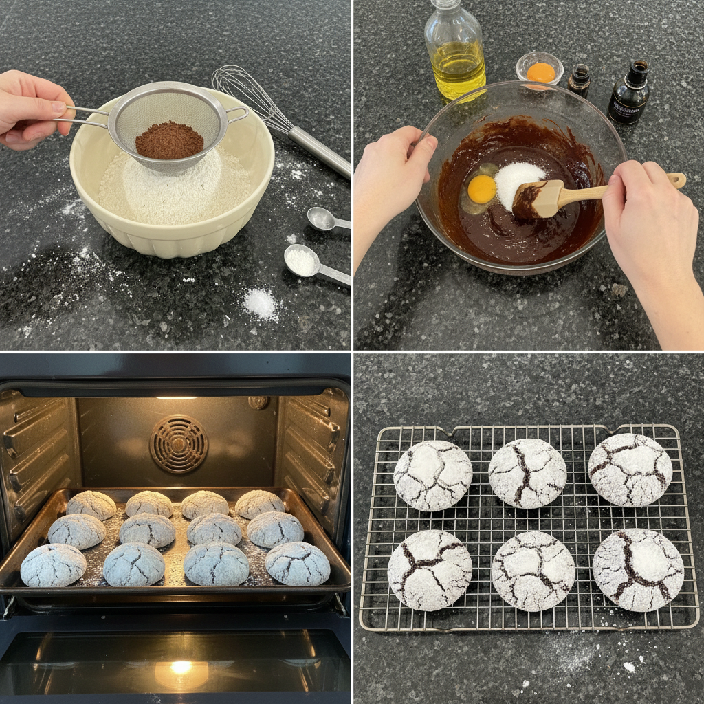 Step-by-step process of rolling chocolate crinkle cookie dough in powdered sugar.