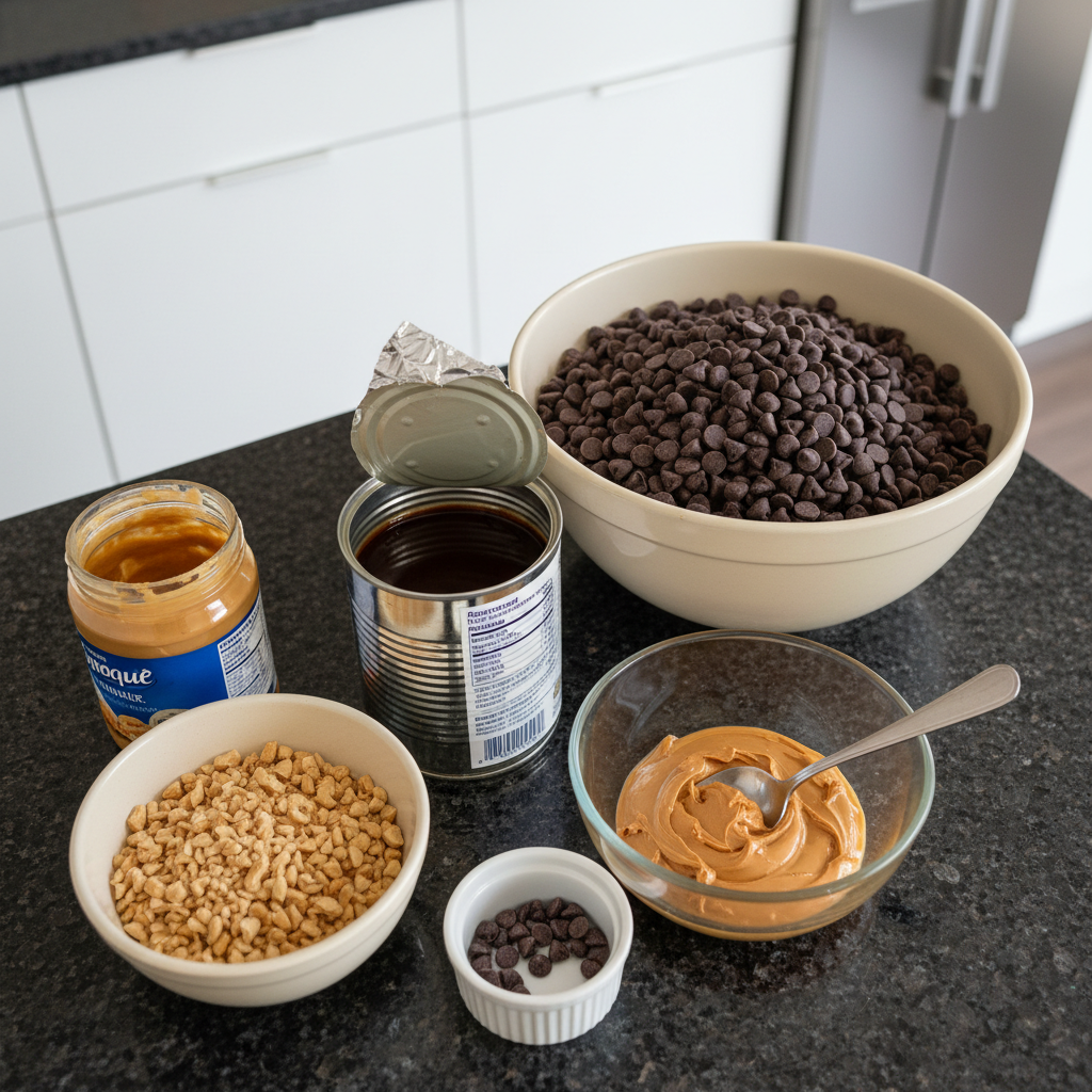 Ingredients for chocolate peanut butter fudge including peanut butter, chocolate, and sugar.
