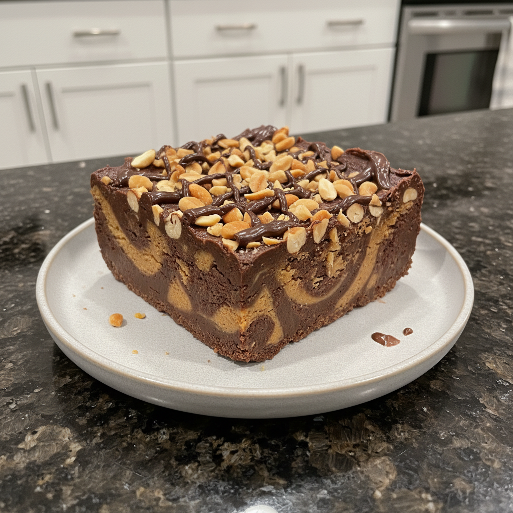 Rich chocolate peanut butter fudge squares on a plate, ready to eat.