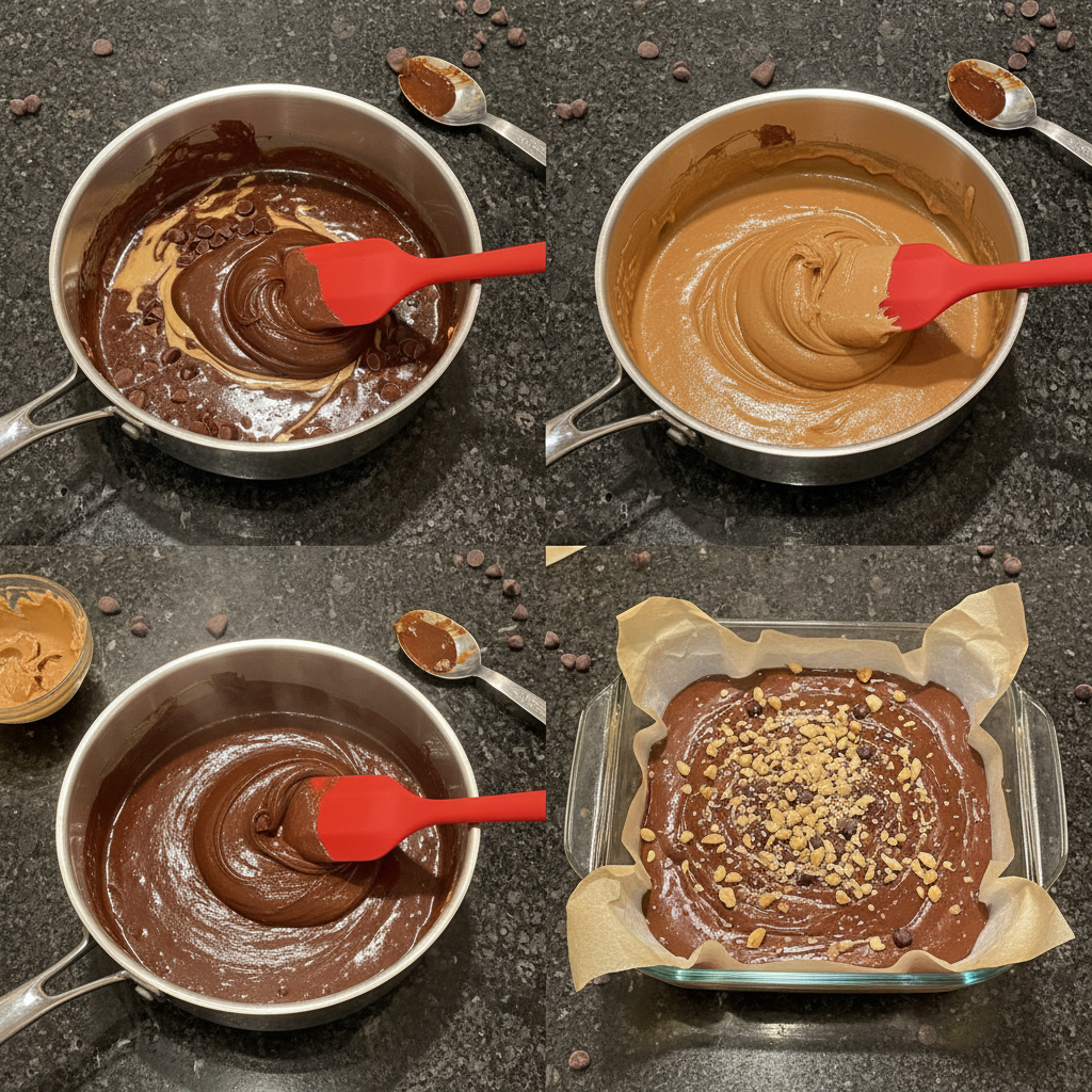 Melting chocolate and peanut butter mixture for making chocolate peanut butter fudge.