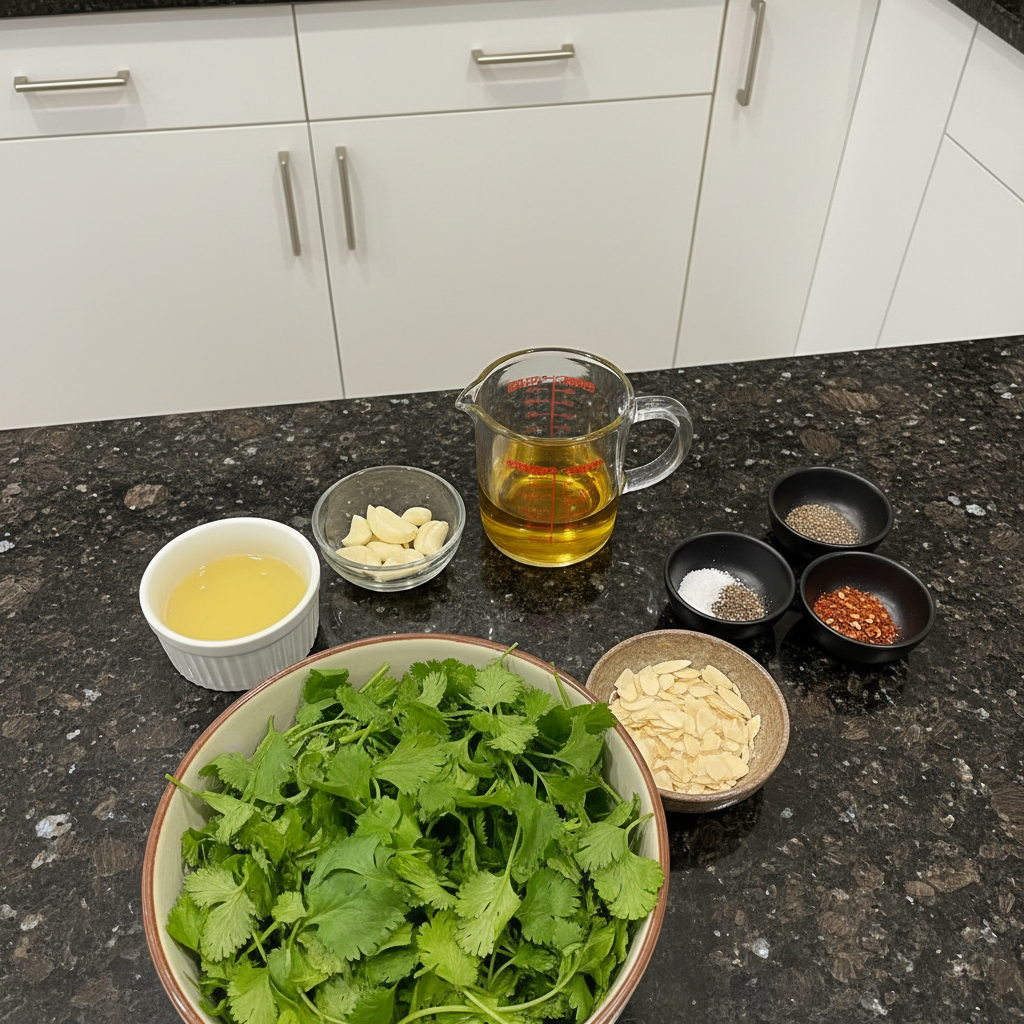 Fresh ingredients for Cilantro Pesto: cilantro, nuts, garlic, lime, and olive oil.