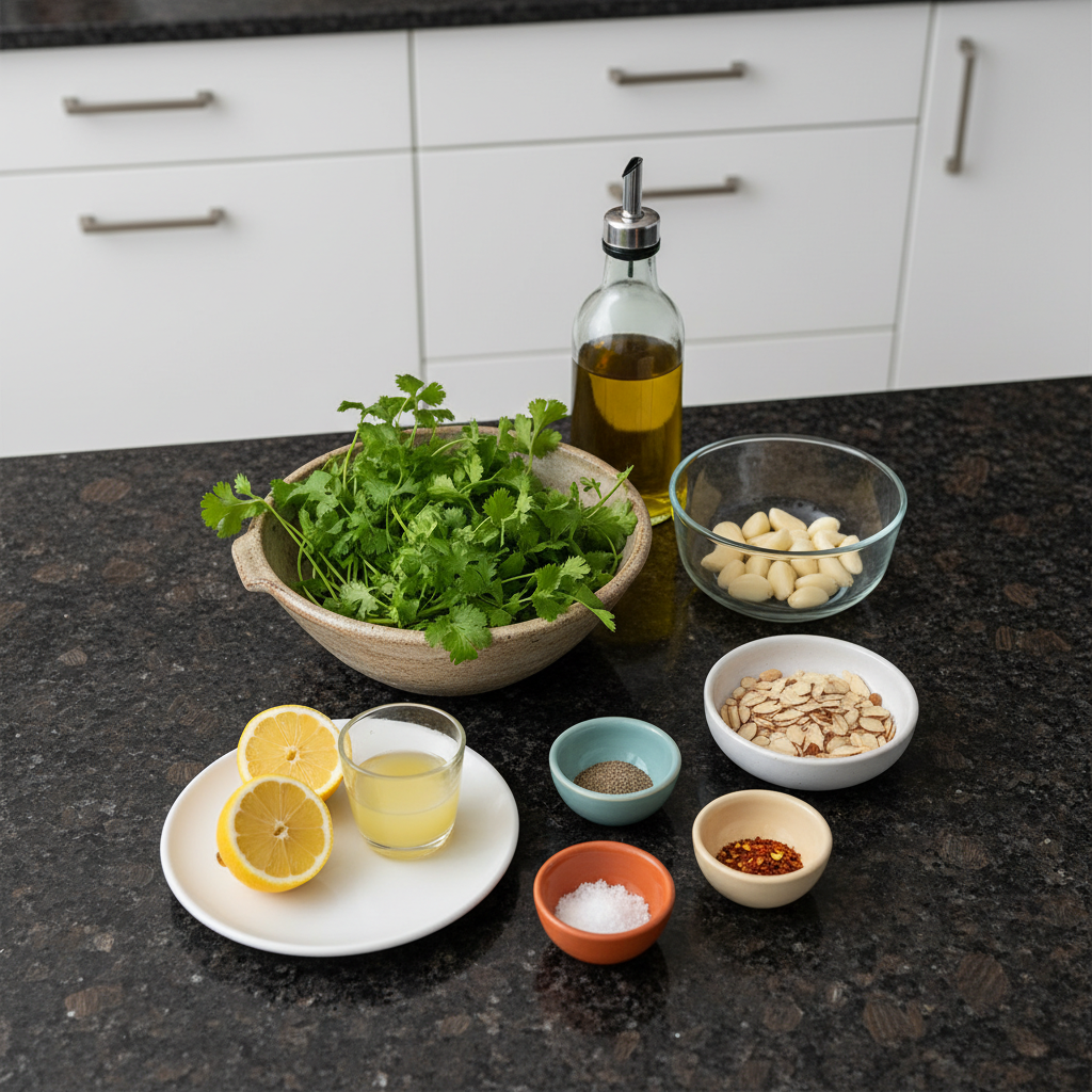 Fresh ingredients for homemade Cilantro Pesto recipe, ready to blend.