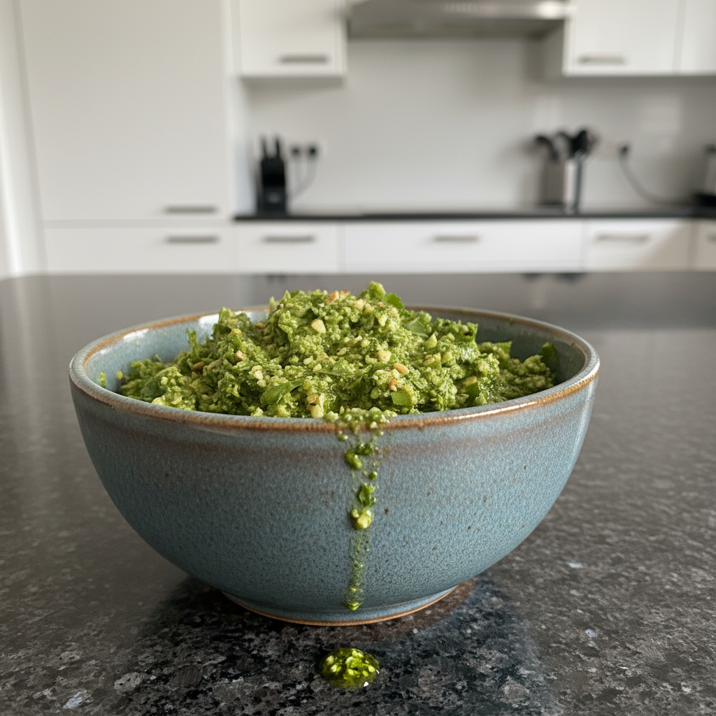Bright green Cilantro Pesto drizzled over toasted bread, a flavorful appetizer.