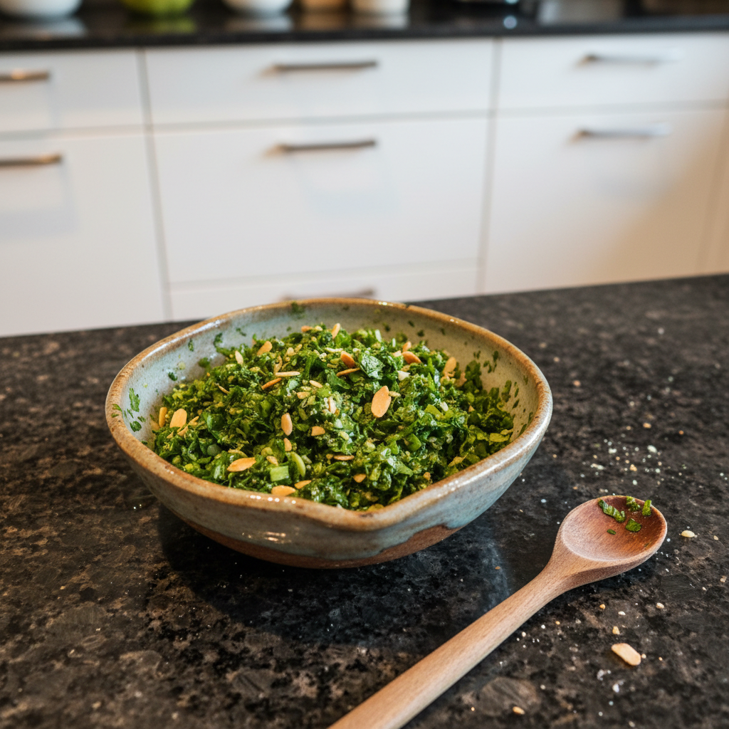Bright green Cilantro Pesto on crusty bread, a vibrant appetizer.