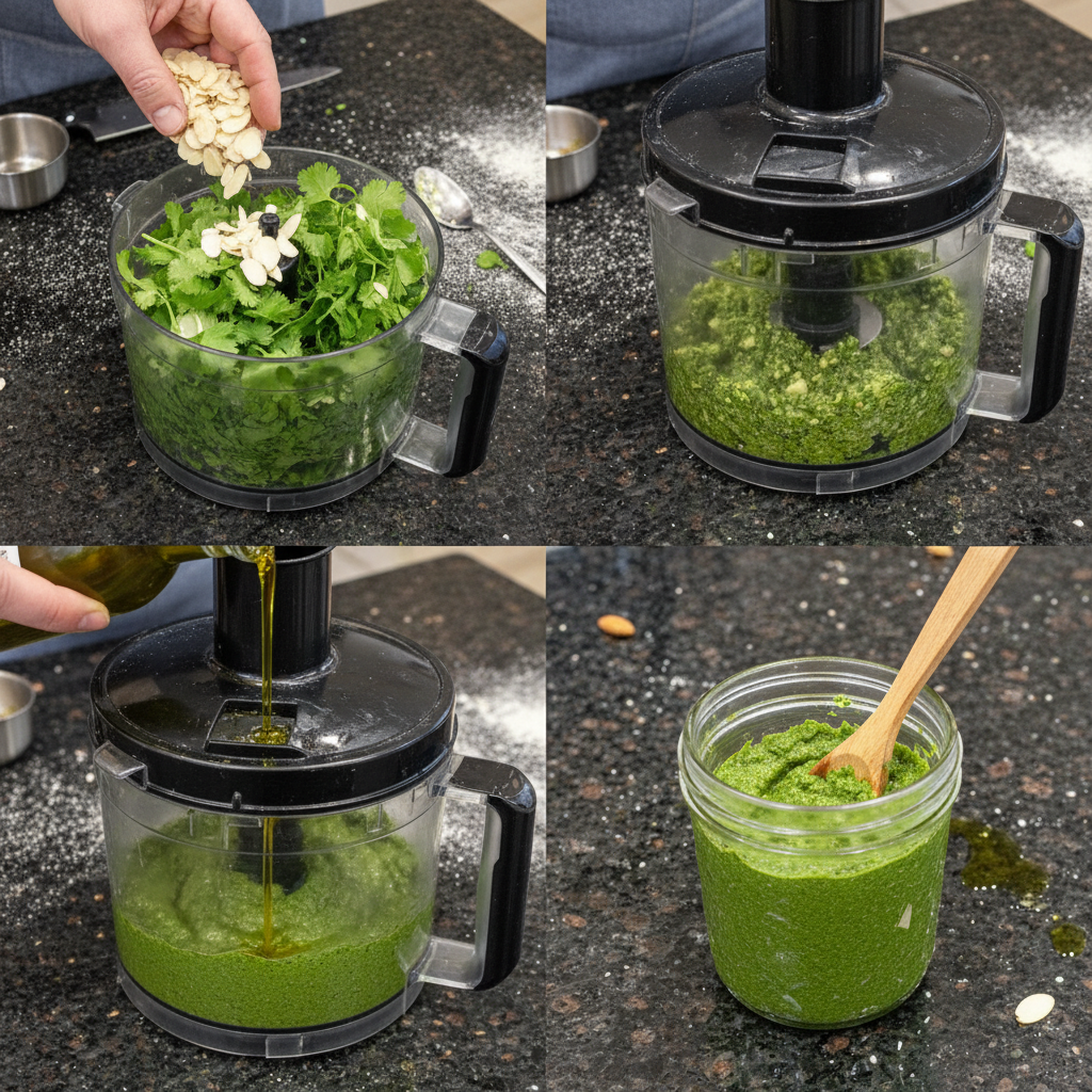 Cilantro Pesto being prepared in a food processor until smooth.