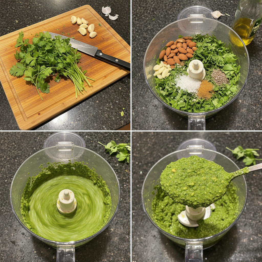 Blending ingredients for homemade Cilantro Pesto in a food processor.