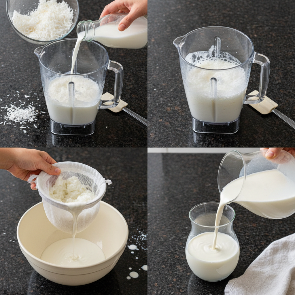 Blending coconut and water to make creamy coconut milk at home.