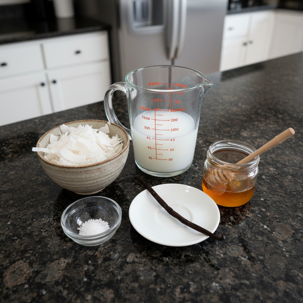 Fresh coconut flakes and water, the simple ingredients for coconut milk.