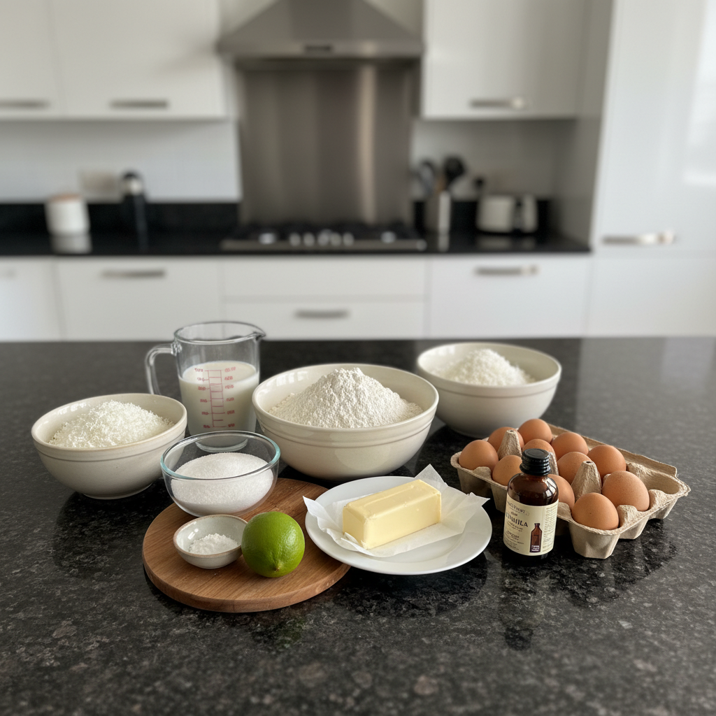 Ingredients for coconut pudding cake spring dessert recipe displayed.