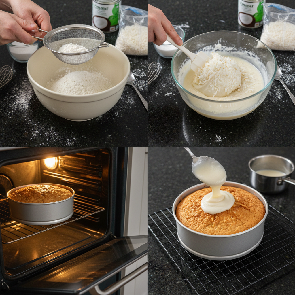 Preparing the coconut pudding cake batter for a spring dessert.