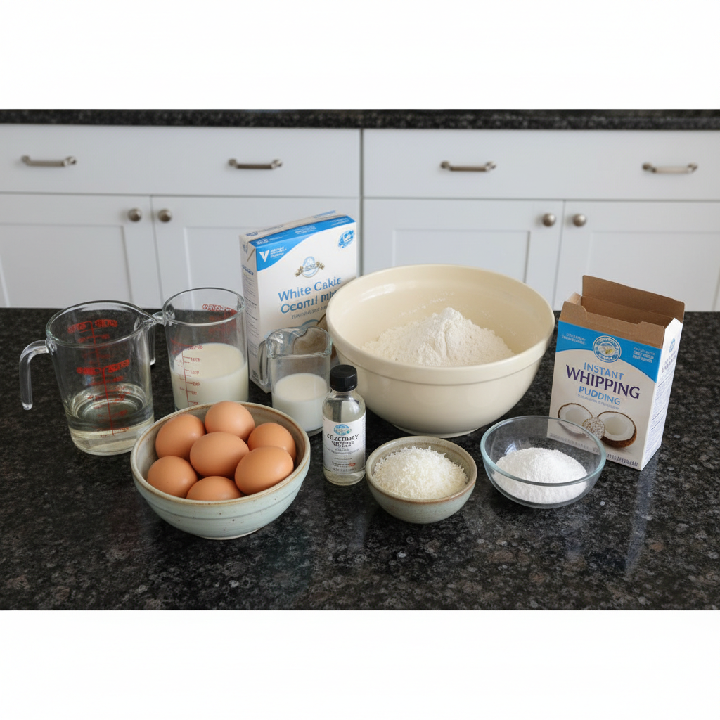 All ingredients for coconut pudding cake spring dessert recipe.