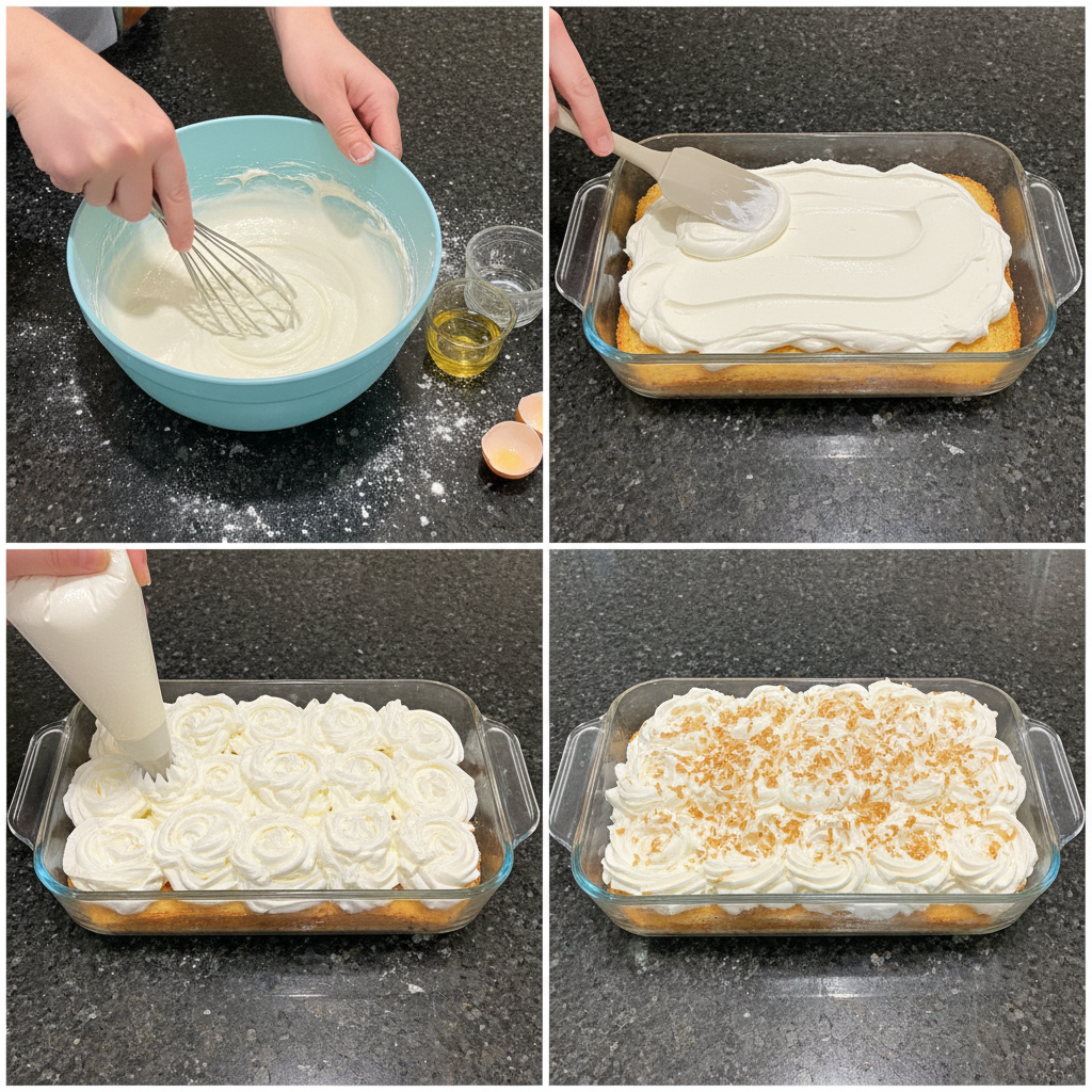 Preparing the coconut pudding cake spring dessert batter.