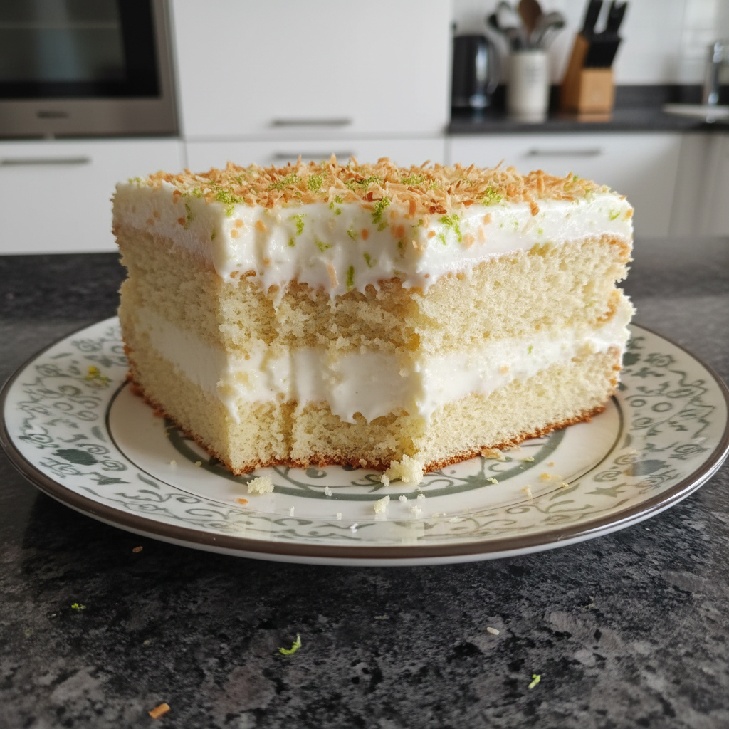 Coconut pudding cake, a delicious spring dessert, served on a plate.