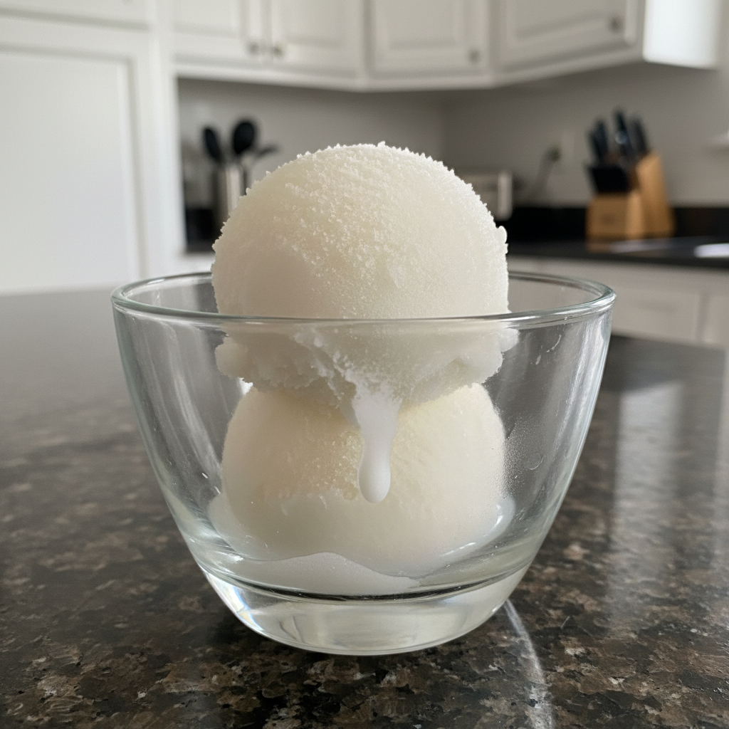 A creamy scoop of homemade coconut sorbet melting in a glass bowl, garnished with toasted coconut flakes.