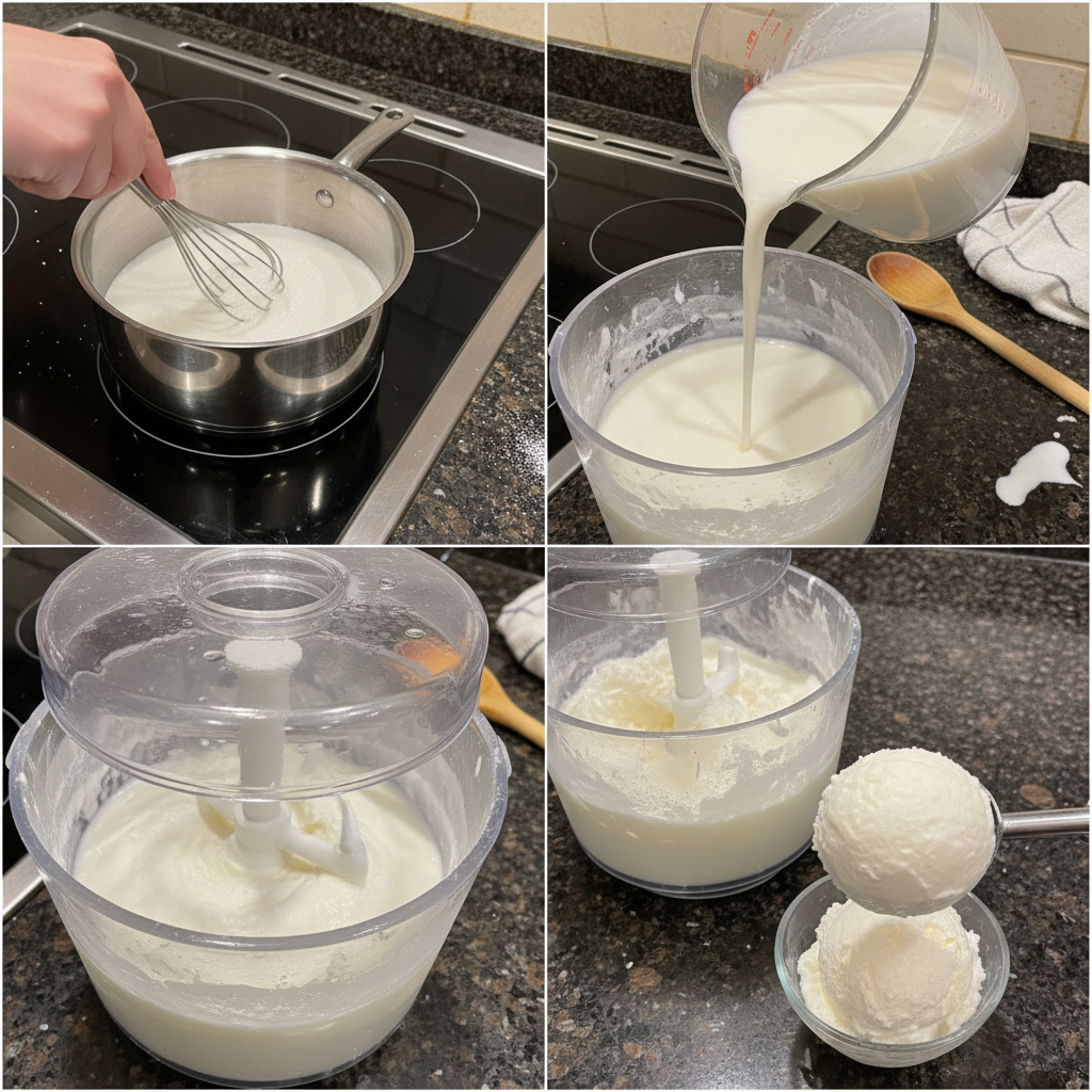 Close-up of churning coconut sorbet in an ice cream maker, showing the freezing process.