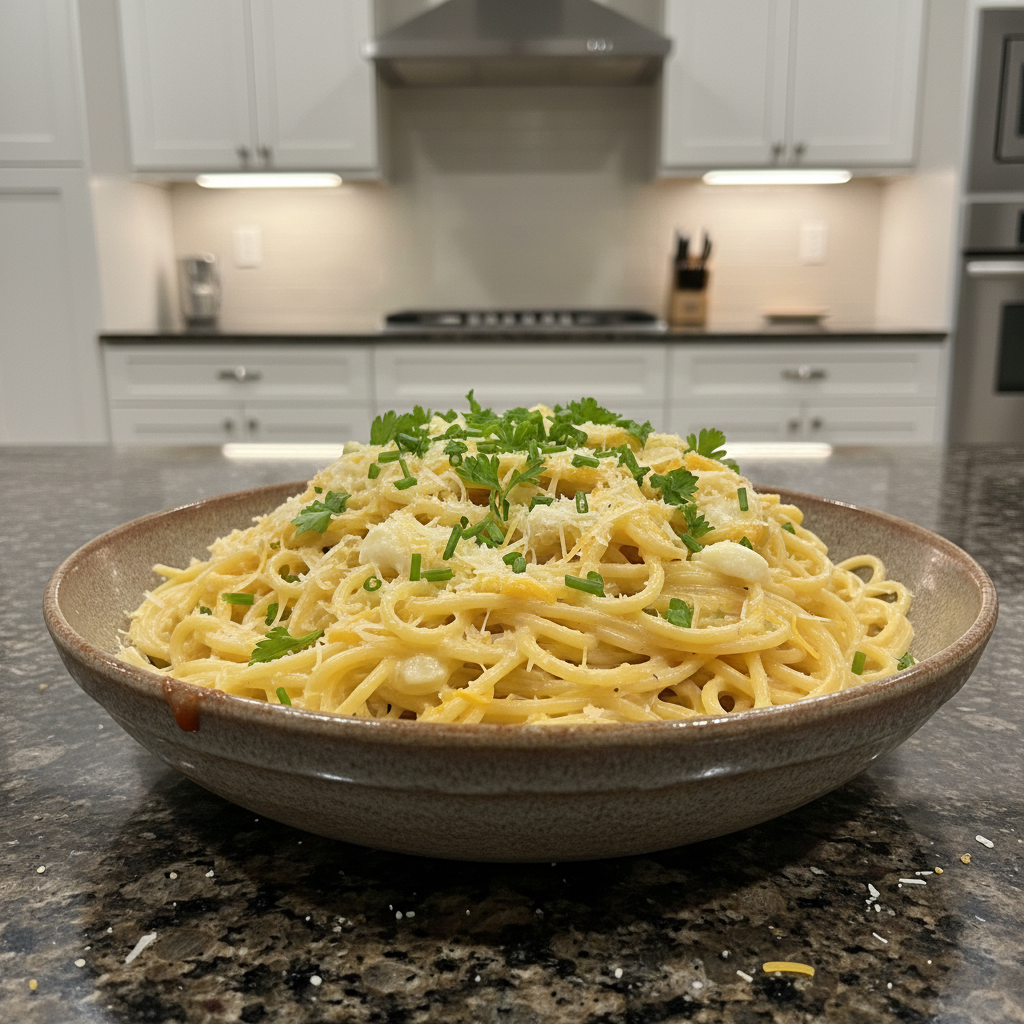 Delicious creamy three-cheese spaghetti plated and ready to eat.