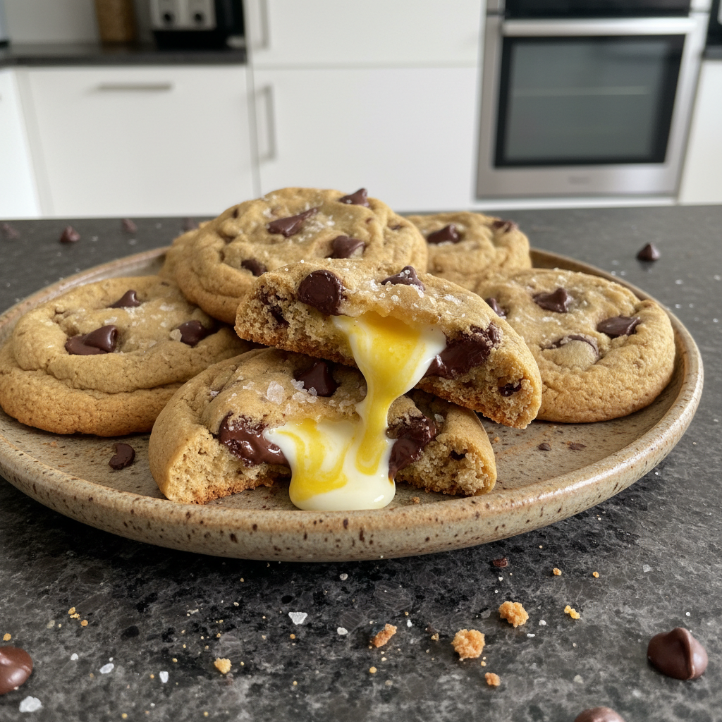 Golden creme egg stuffed chocolate chip cookies cooling on a wire rack