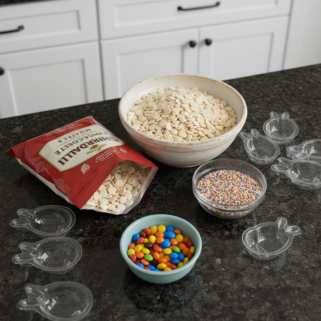 Ingredients for DIY easter candy molds ideas: chocolate, sprinkles, molds.