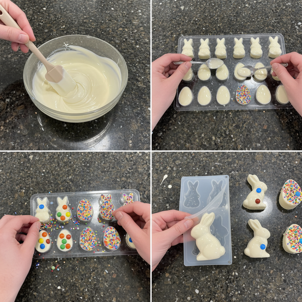 Melting chocolate for DIY easter candy molds ideas project.