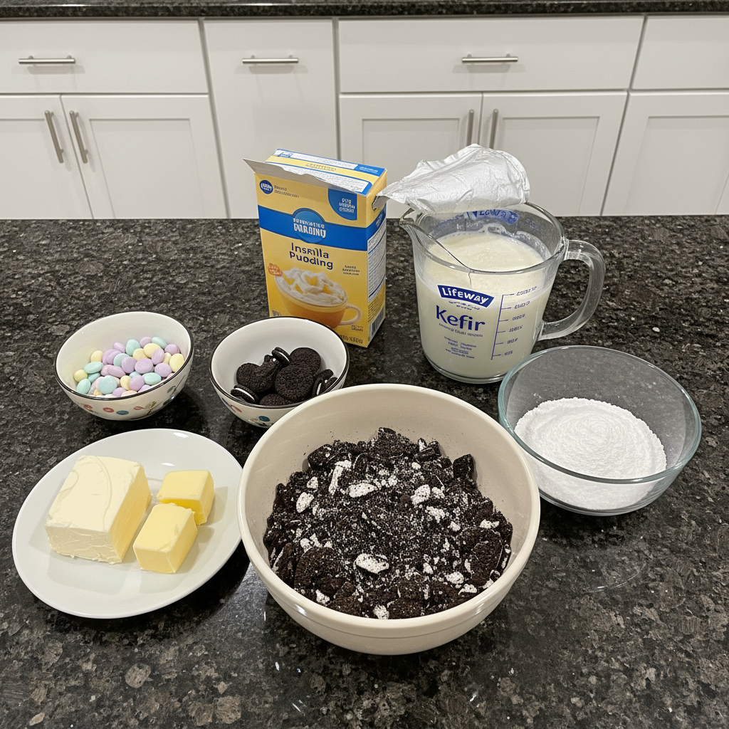 Ingredients for no bake easter dirt cake casserole recipe