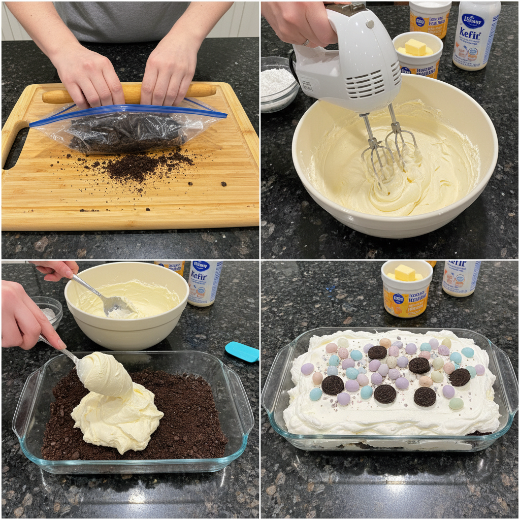 Assembling the easter dirt cake casserole no bake