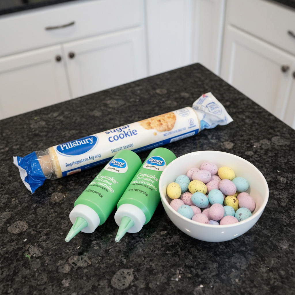 Ingredients for making Easter sugar cookie cups with filling, including flour, sugar, butter, and eggs.